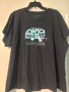 Life Is Good Black Tee with Turquoise & Floral Camper Graphic